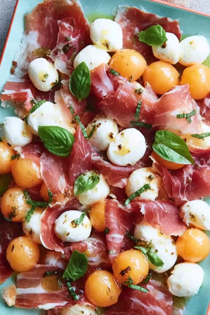 Cantaloupe and Mozzarella with Prosciutto and Basil Recipe