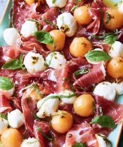 Cantaloupe and Mozzarella with Prosciutto and Basil Recipe