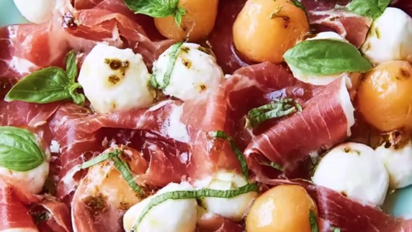 Cantaloupe and Mozzarella with Prosciutto and Basil Recipe