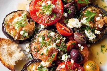 Blistered Eggplant With Tomatoes, Olives, and Feta Recipe