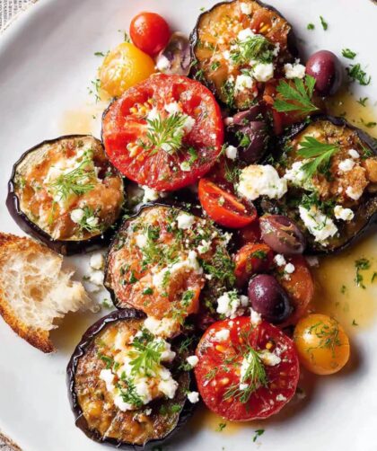 Blistered Eggplant With Tomatoes, Olives, and Feta Recipe