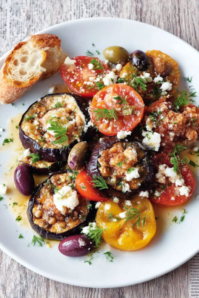 Blistered Eggplant With Tomatoes, Olives, and Feta Recipe