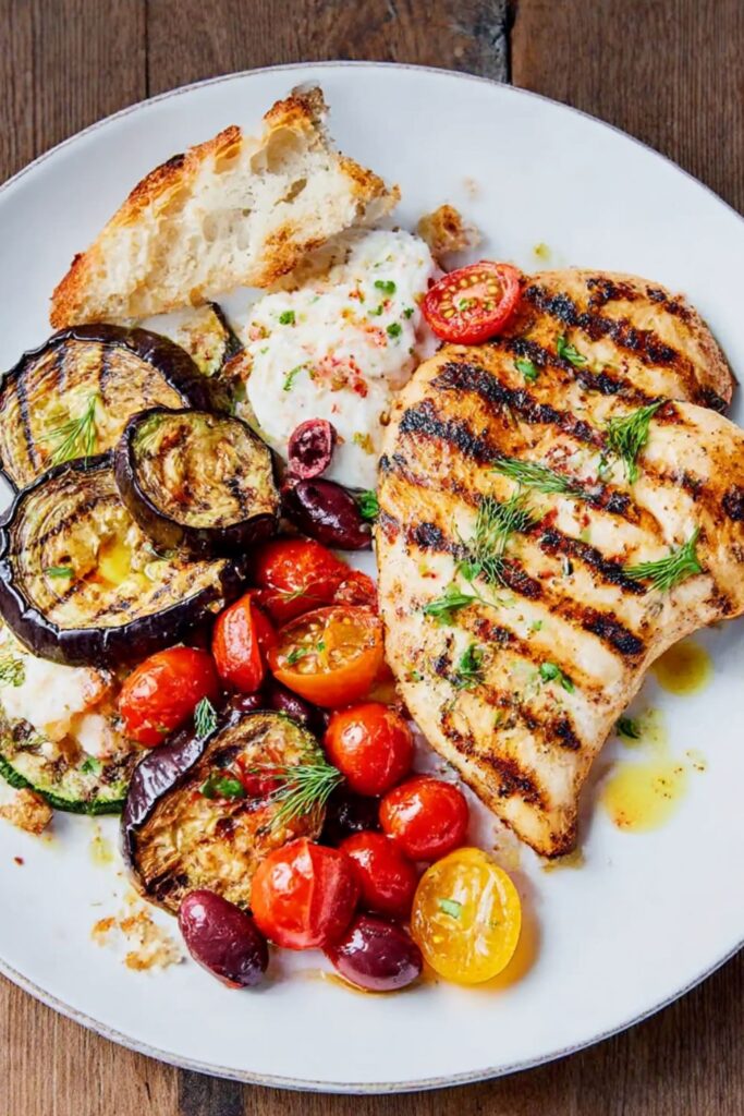 Grilled Chicken and Eggplant with Mozzarella and Tomatoes Recipe
