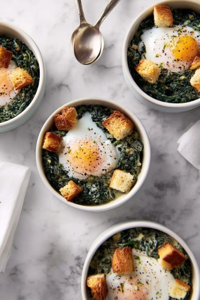 Creamed Spinach With Poached Eggs and Brioche Croutons