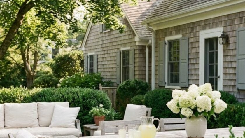 Martha Stewart outdoor aesthetic patio with teak furniture and white hydrangeas