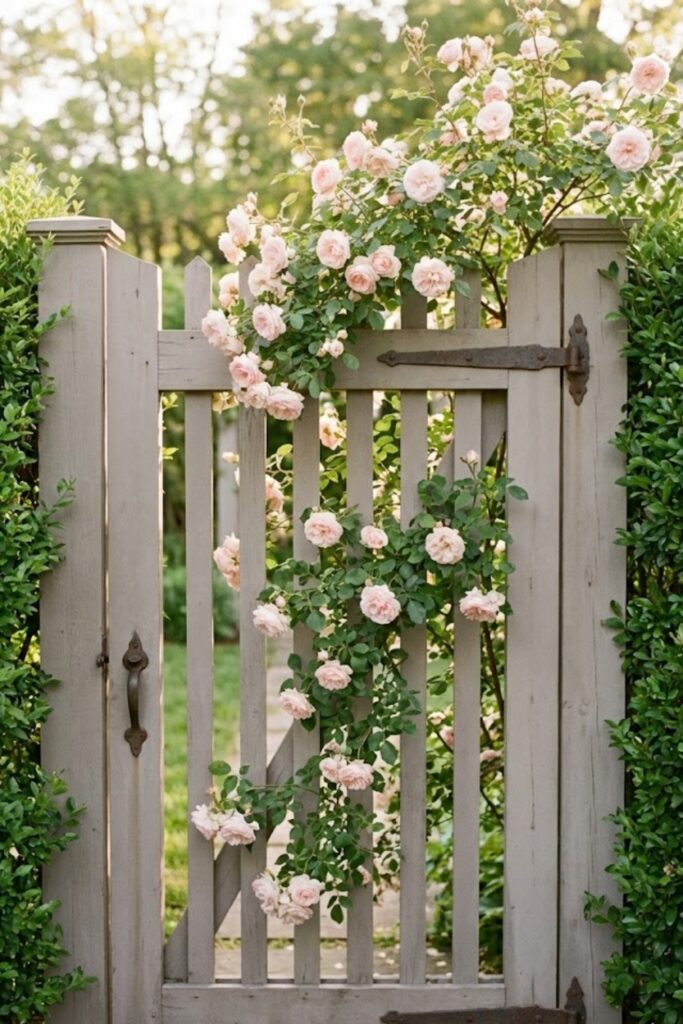 Gray garden gate with pink climbing roses