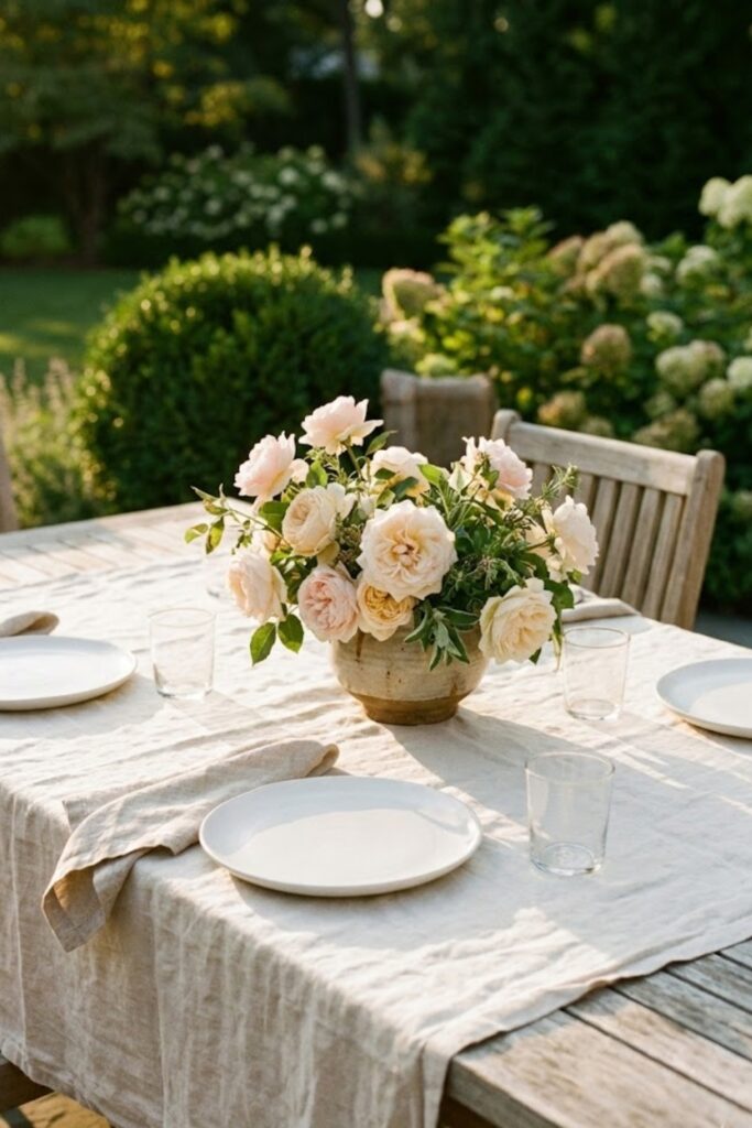 Outdoor table with linen cloth and garden roses