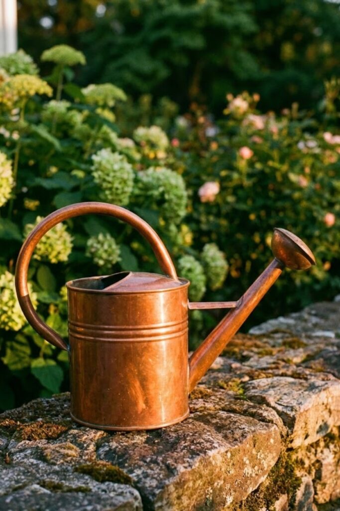 Copper watering can on stone wall in garden