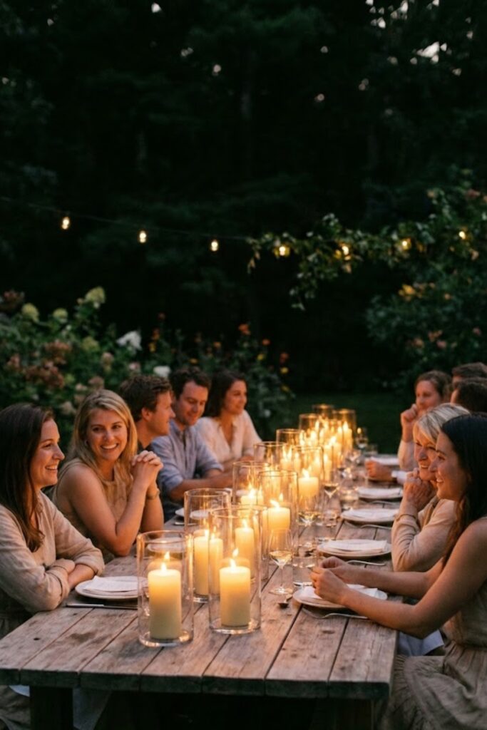 Outdoor dinner party with candles in hurricane glasses