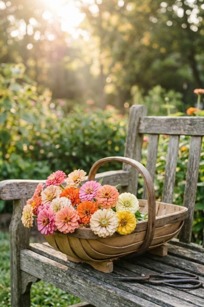 Wooden trug filled with colorful zinnias on garden bench