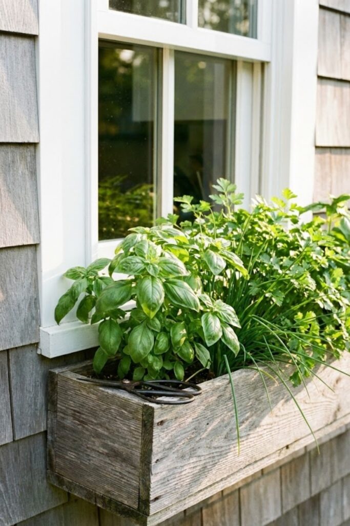 Window box with basil parsley and chives