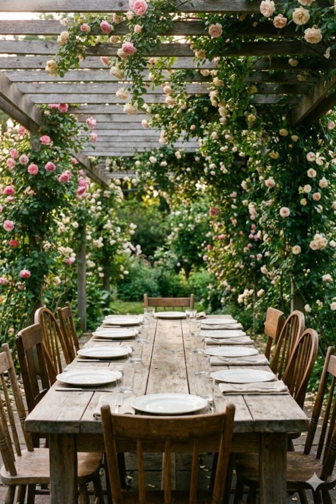 Farm table under pergola covered with climbing roses