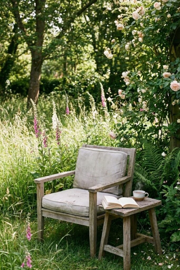 Teak garden chair with book and tea in meadow corner