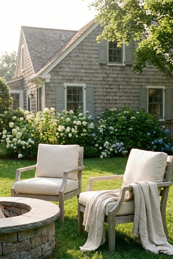 Teak chairs with cream cushions by stone fire pit