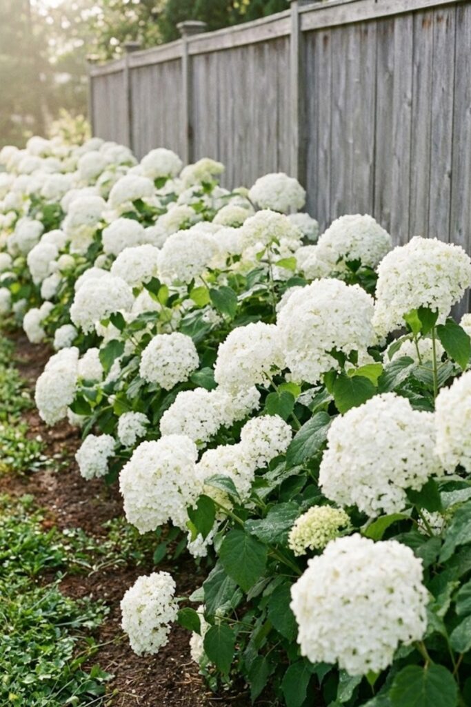 White Annabelle hydrangeas along gray wooden fence