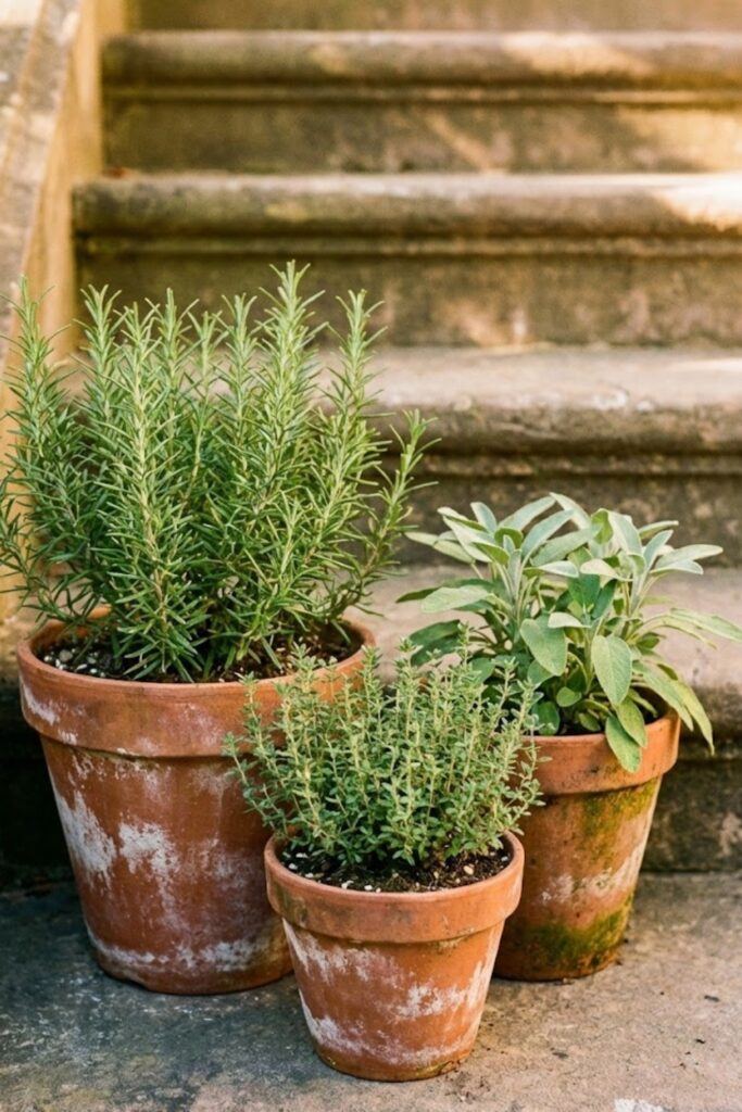 Terracotta herb pots grouped on stone steps