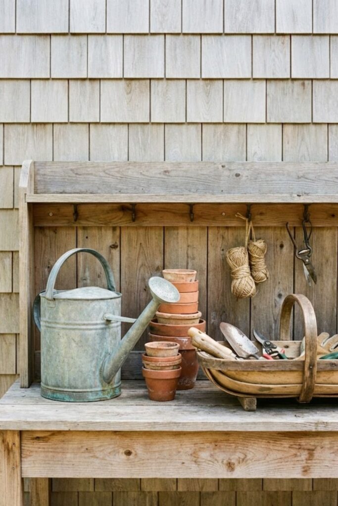 Potting bench with terracotta pots and garden tools