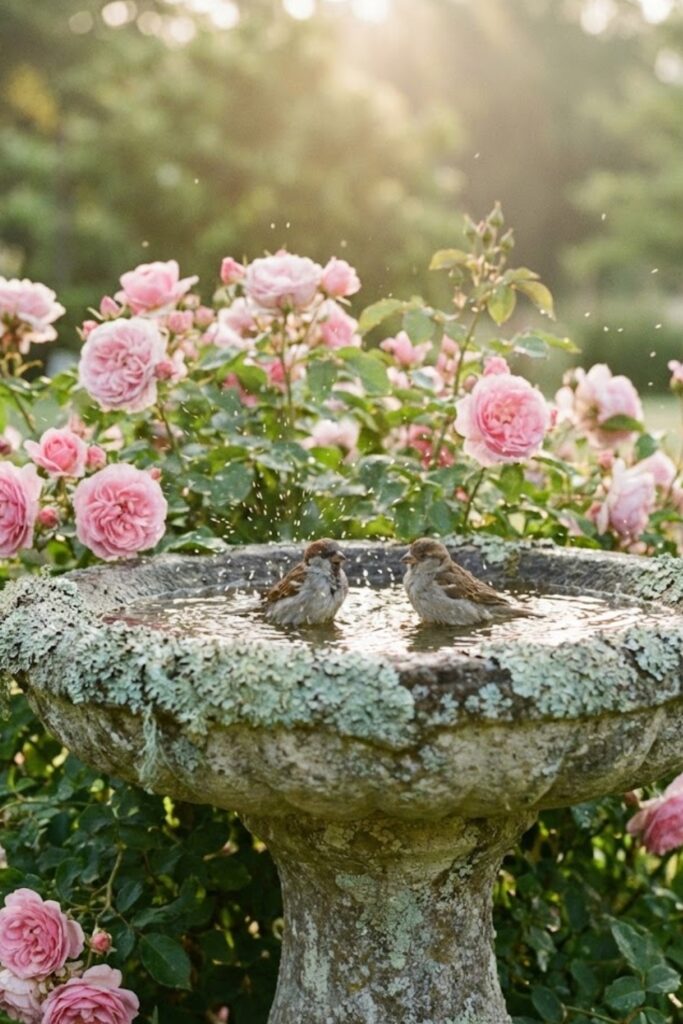 Birds bathing in stone birdbath with pink roses behind