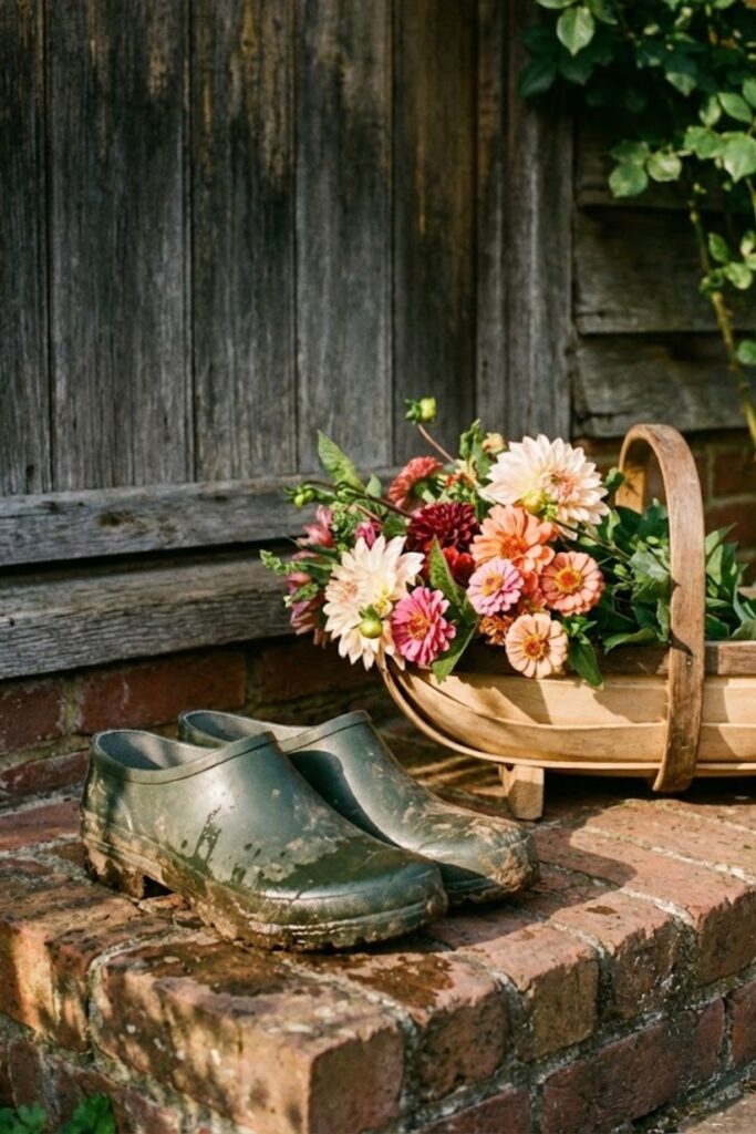 Martha Stewart outfit aesthetic green rubber garden clogs