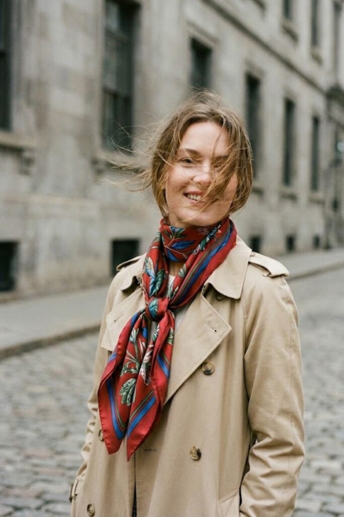 Martha Stewart outfit aesthetic patterned silk neck scarf