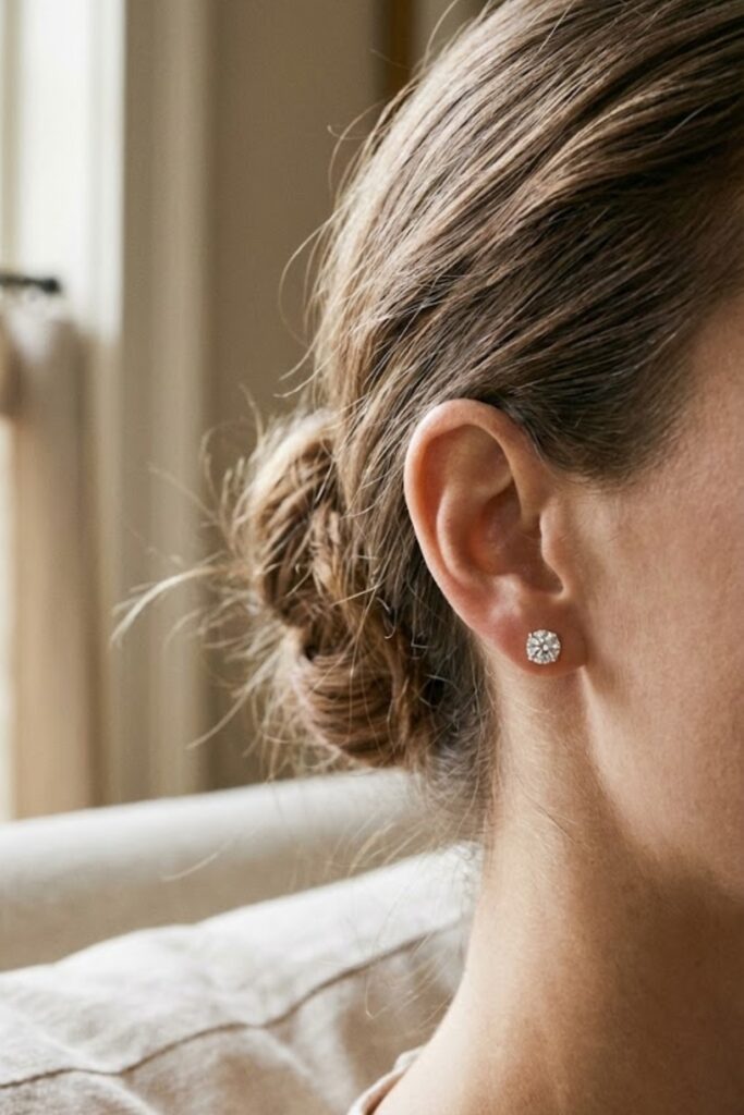 Martha Stewart outfit aesthetic simple diamond stud earrings