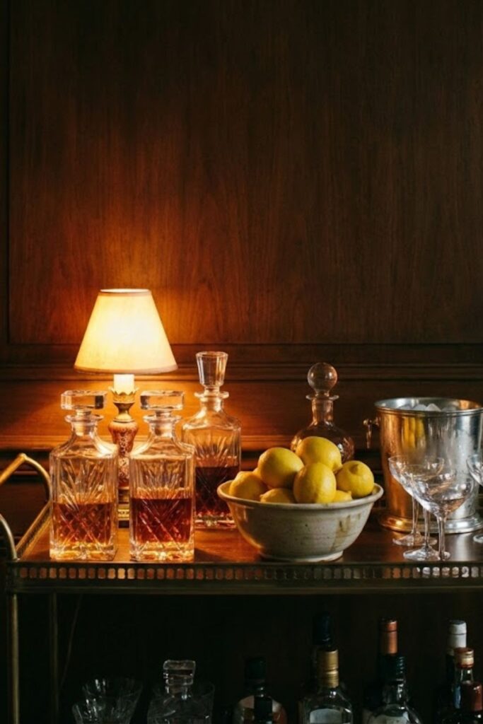 Martha Stewart aesthetic party self serve bar cart