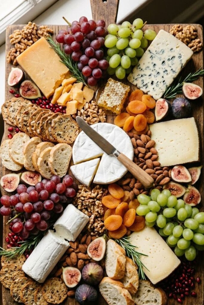 Martha Stewart aesthetic party cheese board with grapes