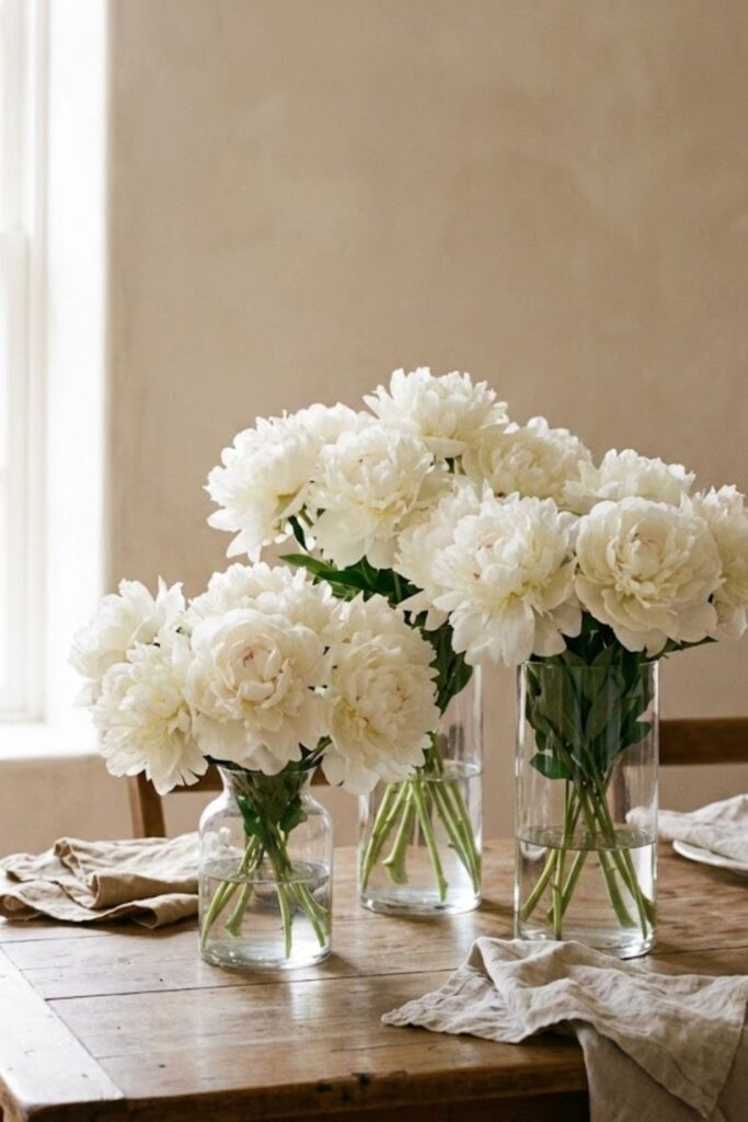 Martha Stewart aesthetic party white peonies centerpiece