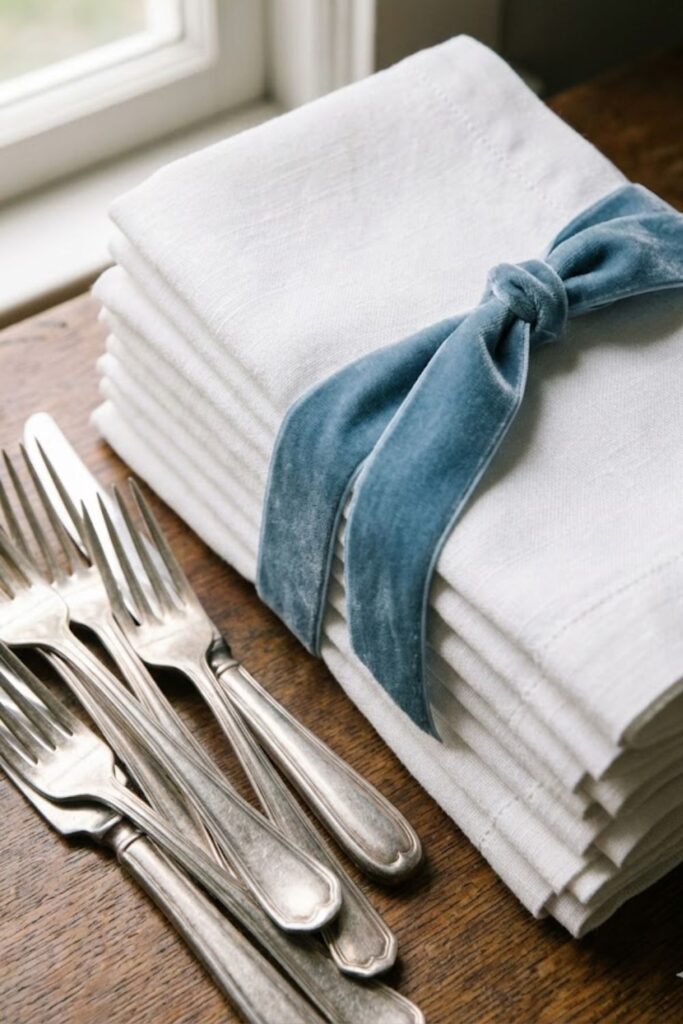 Martha Stewart aesthetic party linen napkins stack