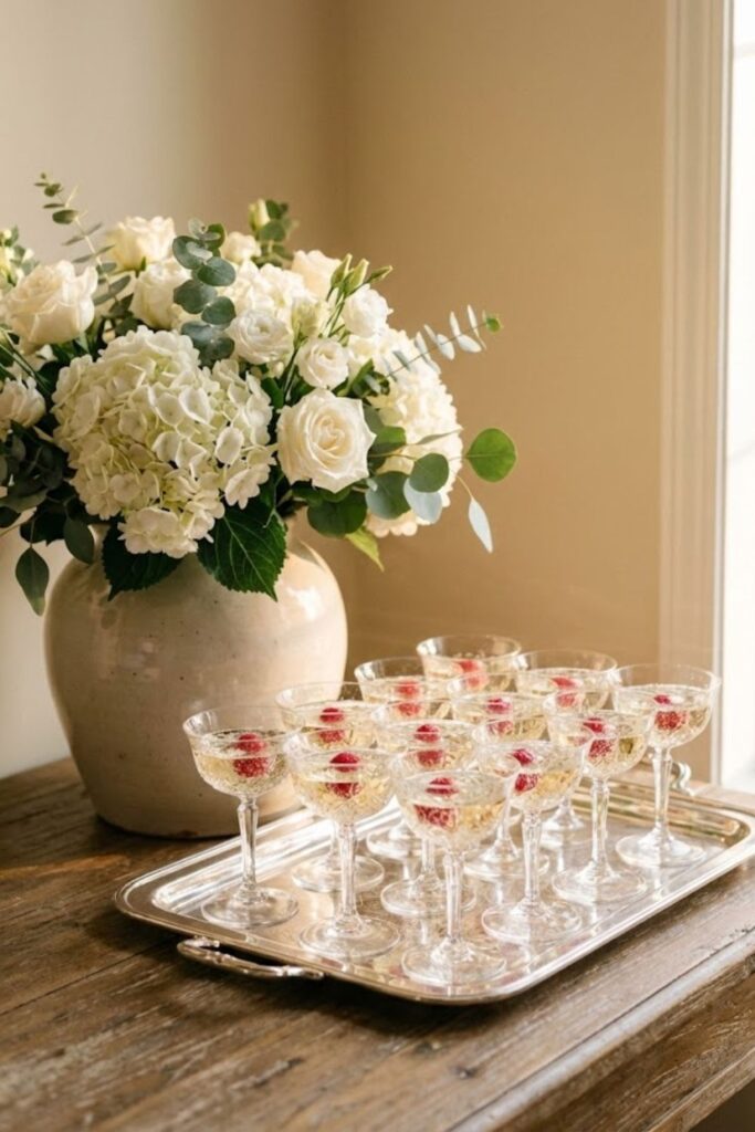 Martha Stewart aesthetic party welcome drinks on silver tray
