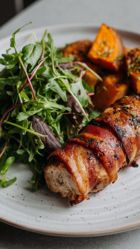 Martha Stewart Broiled Bacon Wrapped Chicken Sweet Potatoes And Watercress Recipe