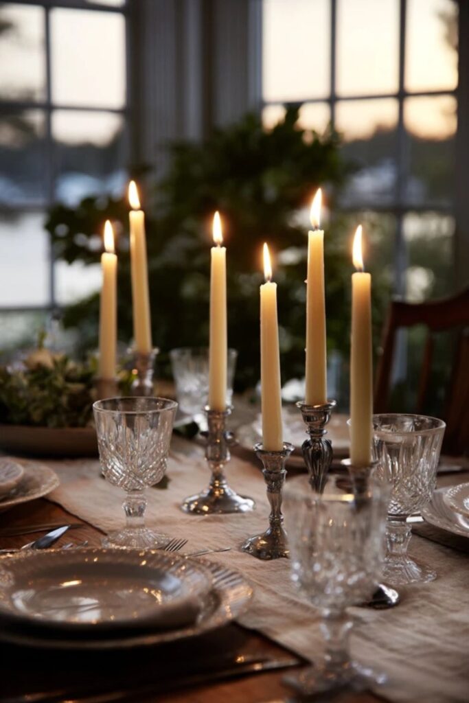 Beeswax Tapers in Mismatched Silver Holders