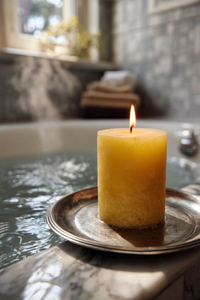 A Beeswax Candle on the Tub Ledge
