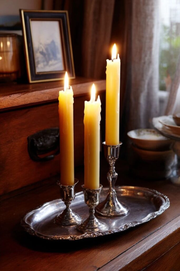 Beeswax Candles on a Silver Tray