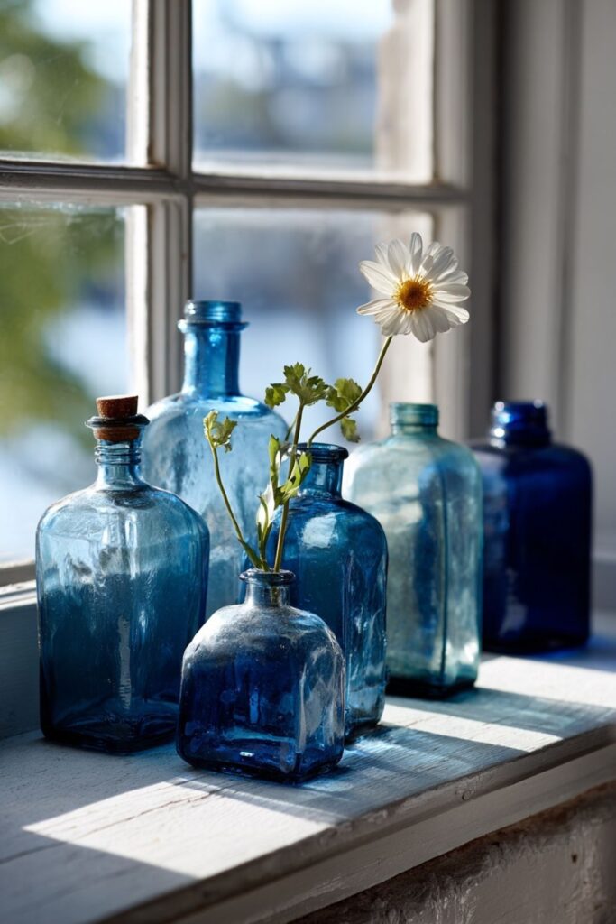 Blue Glass Bottles on a Windowsill