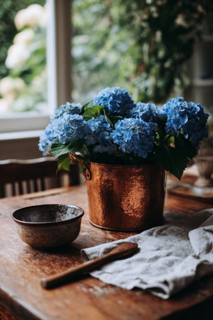 Blue Hydrangeas in a Copper Vessel