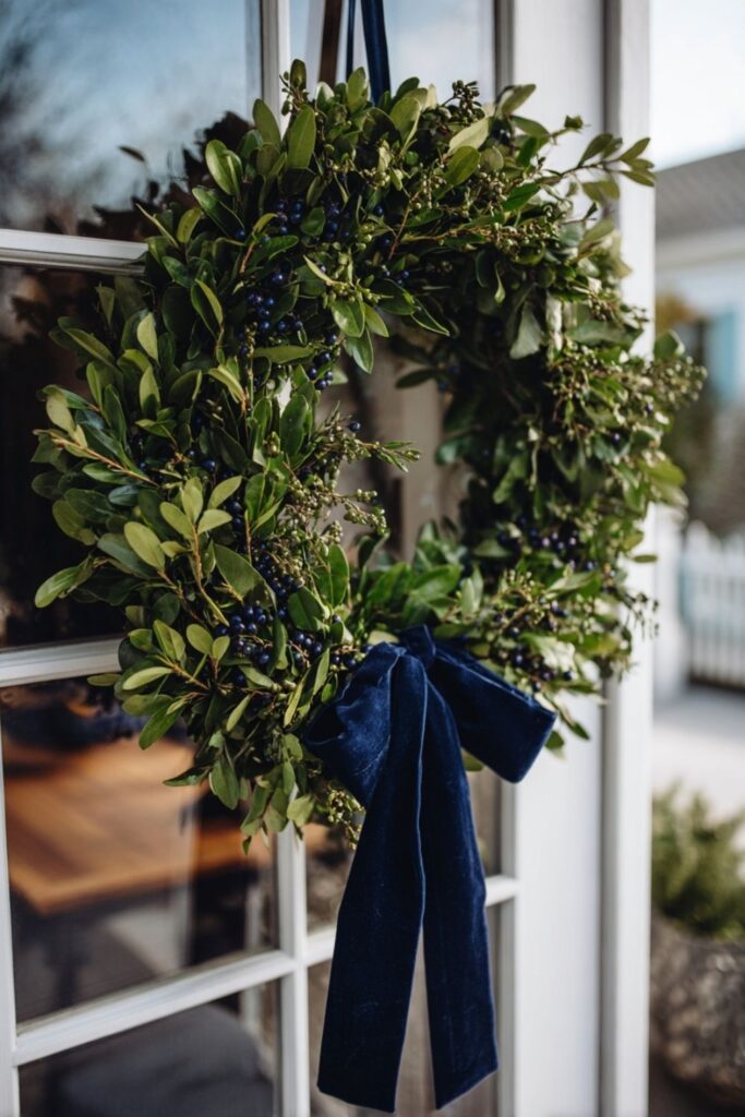 Blue Velvet Ribbon on a Winter Wreath