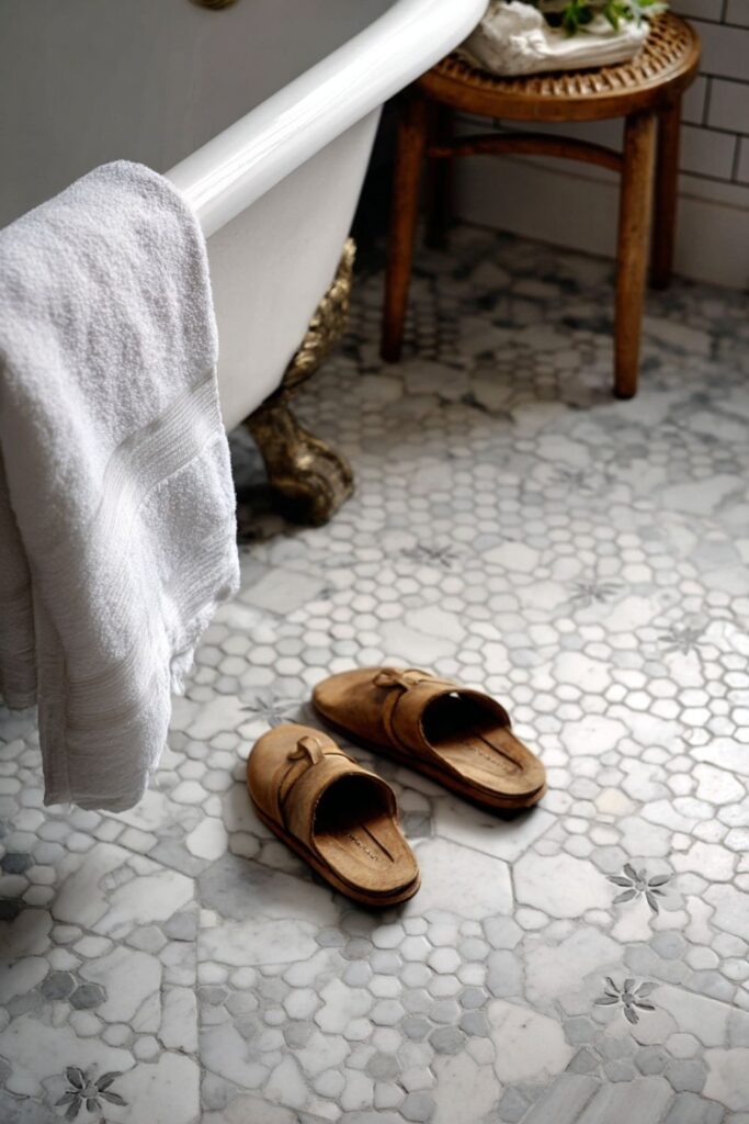Carrara Marble Floors With Mosaic Insets