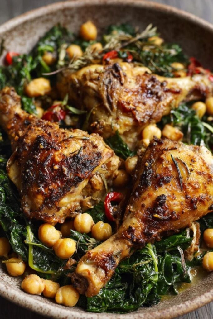 Martha Stewart Baked Chicken Legs Chickpeas Olives And Greens Recipe