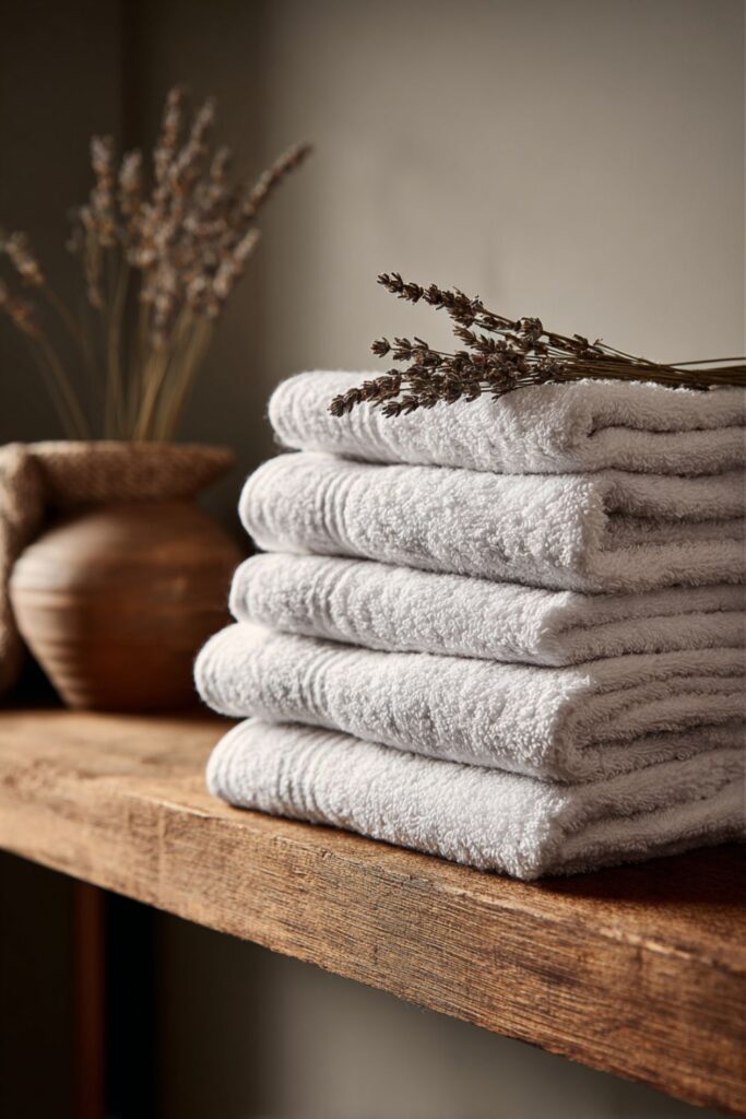 White Cotton Towels Stacked in Fives