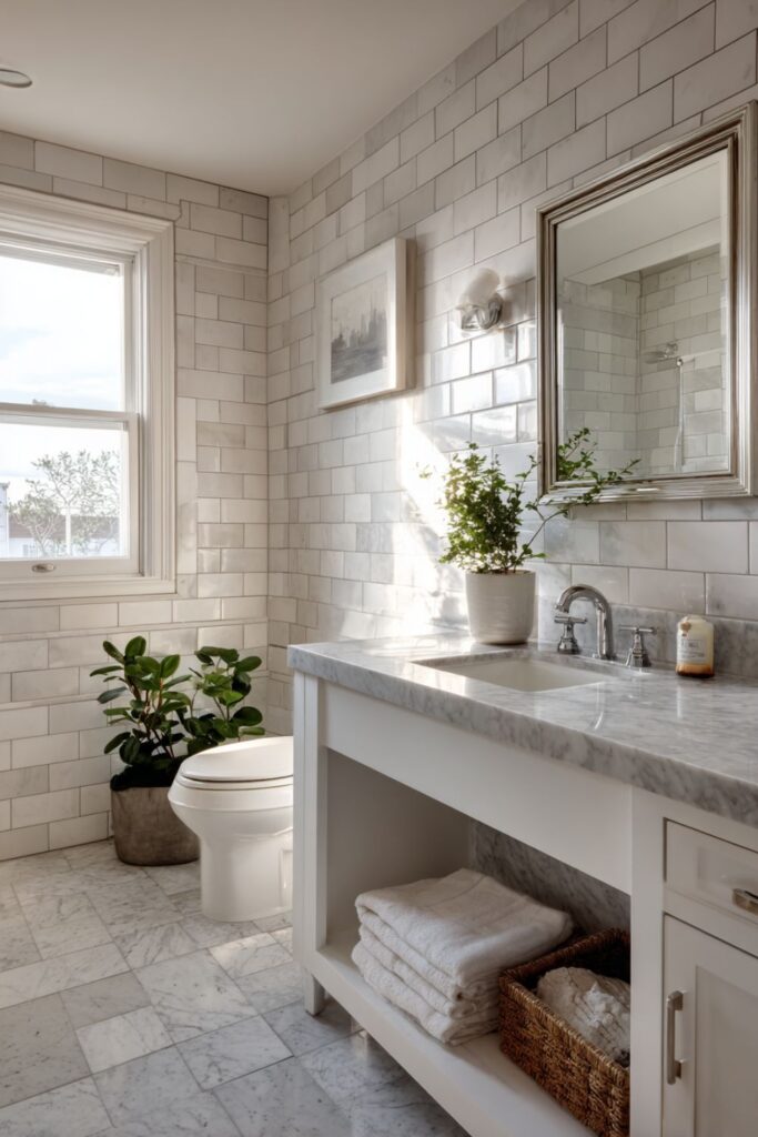 White Marble Subway Tile From Floor to Ceiling