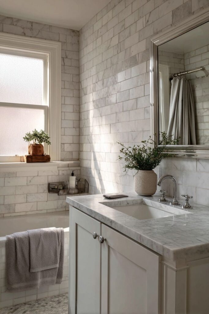 White Marble Subway Tile on Every Wall