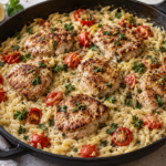 Mediterranean lemon herb pork skillet with creamy orzo and cherry tomatoes