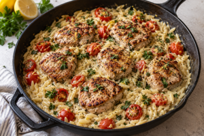 Mediterranean lemon herb pork skillet with creamy orzo and cherry tomatoes