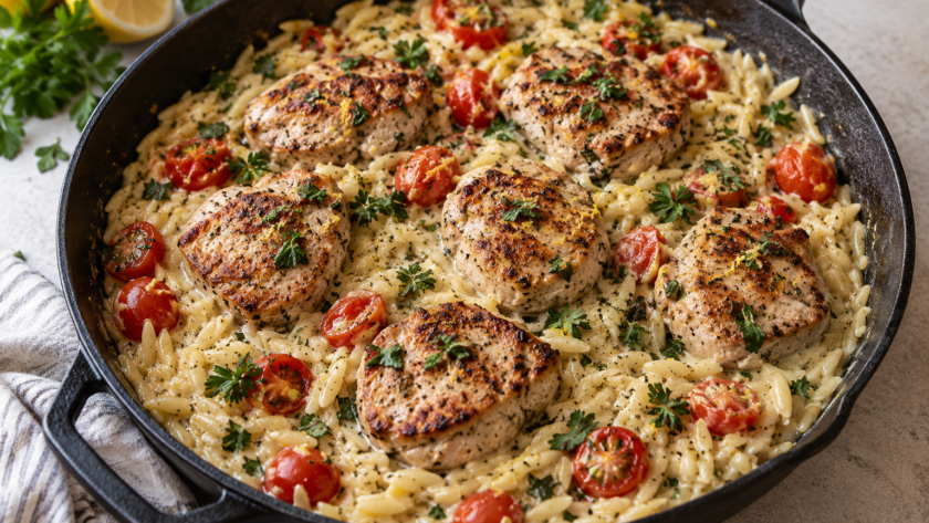 Mediterranean lemon herb pork skillet with creamy orzo and cherry tomatoes