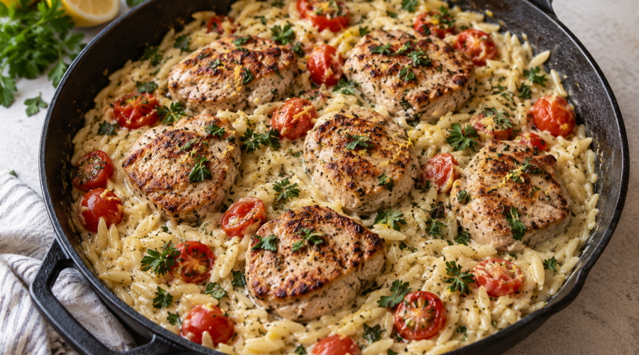 Mediterranean lemon herb pork skillet with creamy orzo and cherry tomatoes