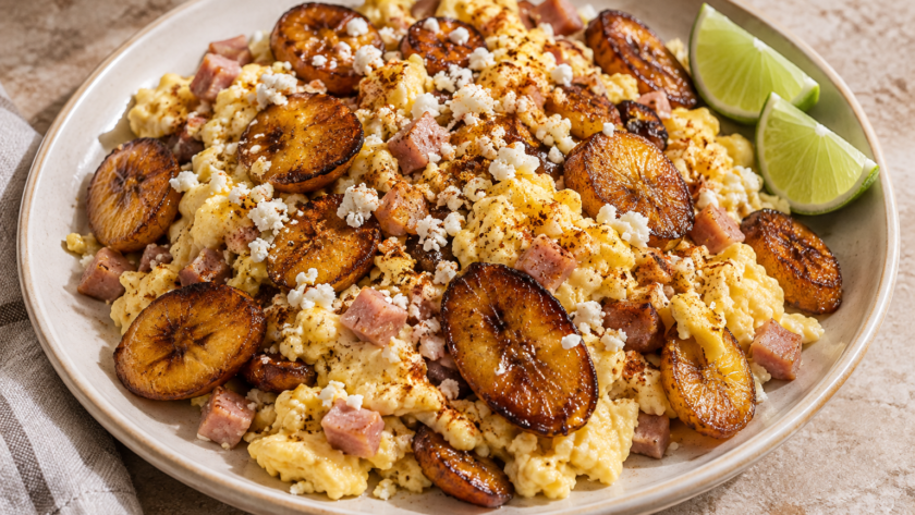 Fluffy scrambled eggs with diced ham and golden caramelized plantains, topped with crumbled cotija cheese and served with lime wedges.