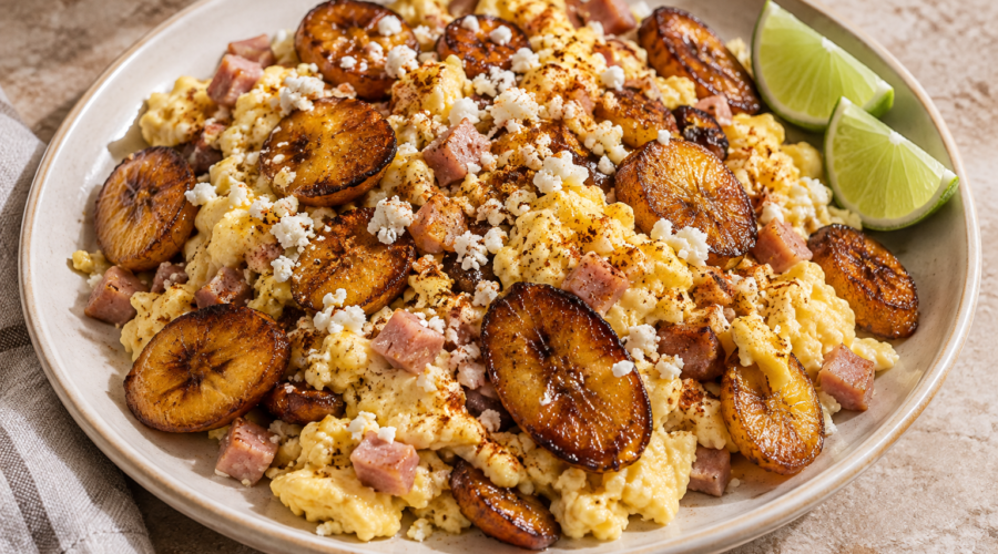 Fluffy scrambled eggs with diced ham and golden caramelized plantains, topped with crumbled cotija cheese and served with lime wedges.