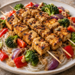 Grilled tofu skewers drizzled with peanut sauce over rice noodles, broccoli, red bell pepper, and red onion, with lime wedges.