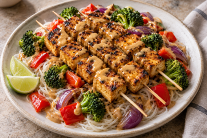 Grilled tofu skewers drizzled with peanut sauce over rice noodles, broccoli, red bell pepper, and red onion, with lime wedges.